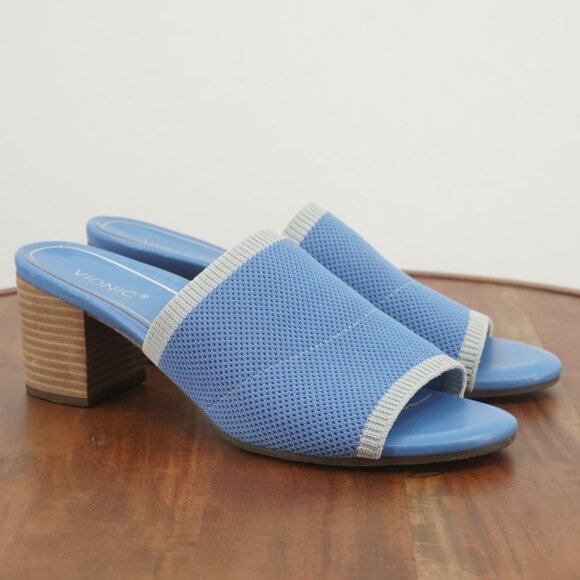 C1-10 Vionic Fleur Womens Slide Sandals Block Heel Blue Knit Size 11 - Picture 1 of 11